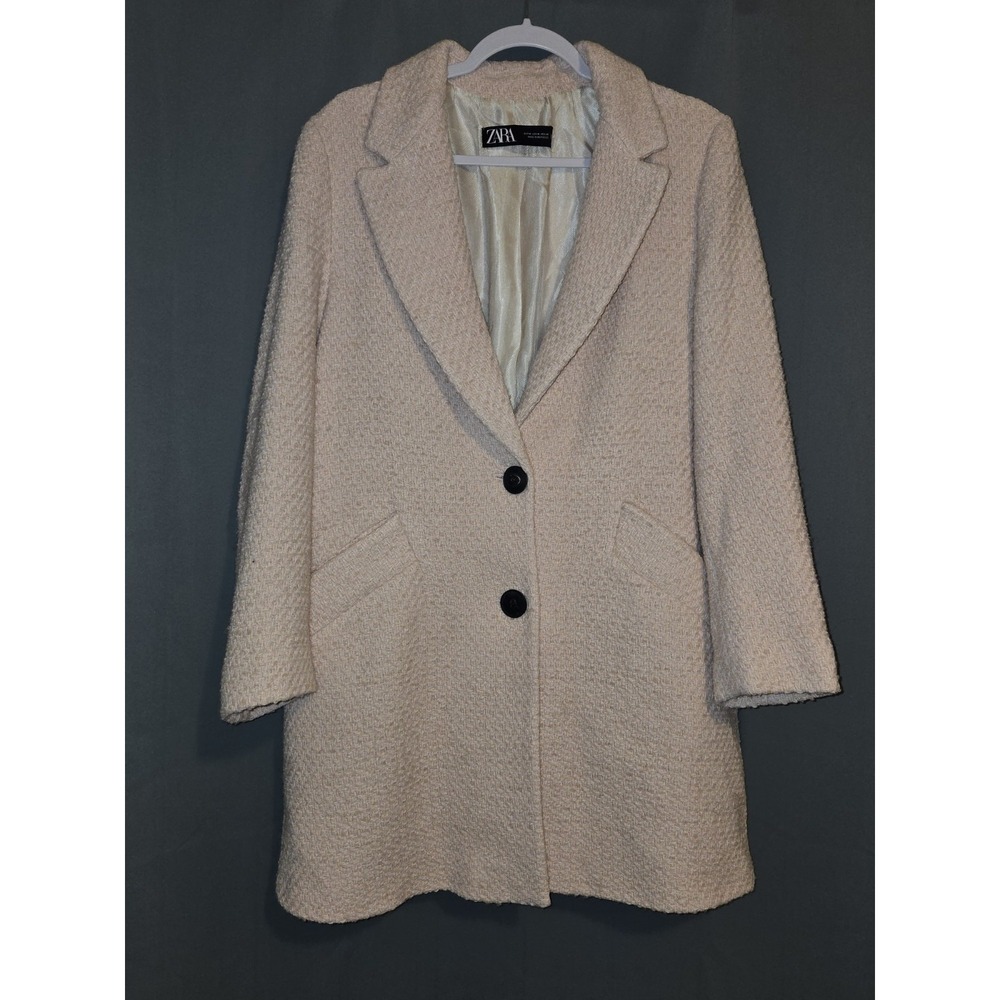 Zara Women Pink Cream Textured Boucle Knit Coat Medium Notched Lapel Long Jacket